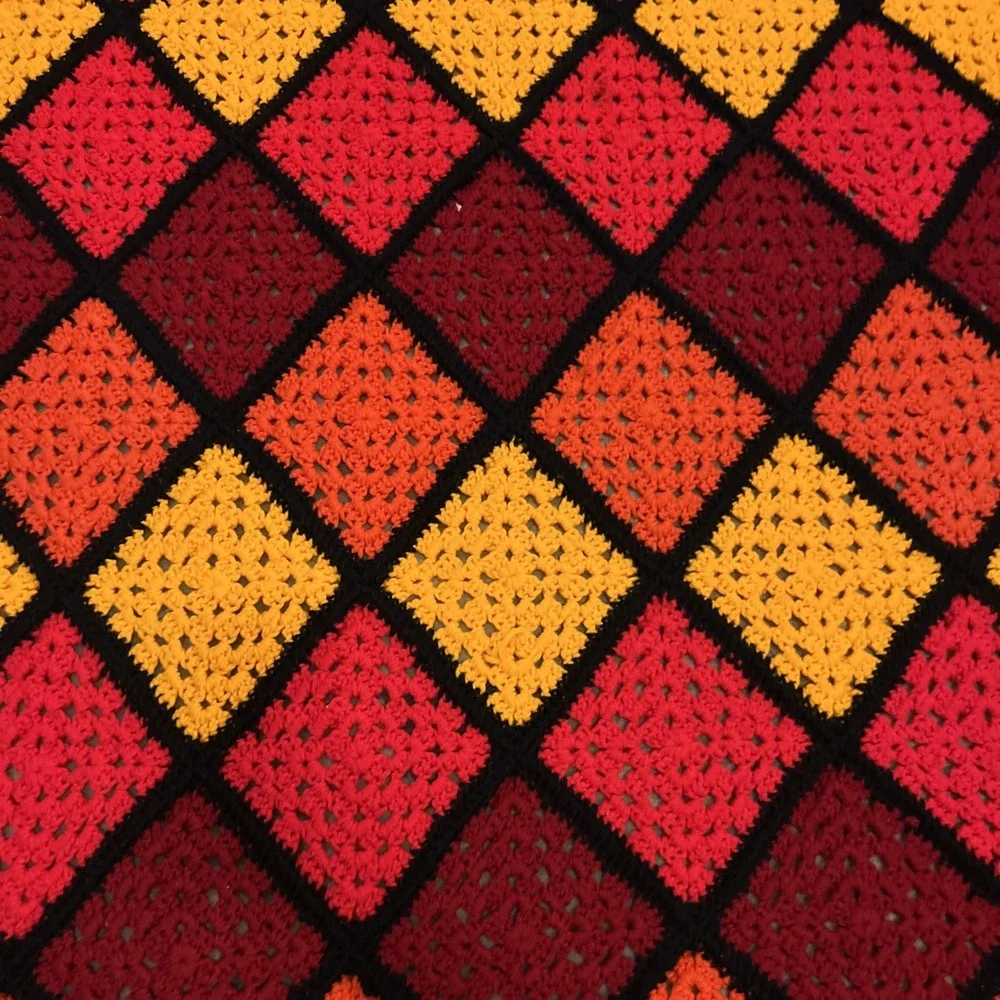 Vintage Hand Crocheted Granny Square Afghan Blanket Red Black Orange 64 By 56